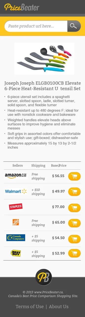 Price Beater on a phone: a kitchen utensil set compared across six Canadian retailers, with shipping and base price for each.